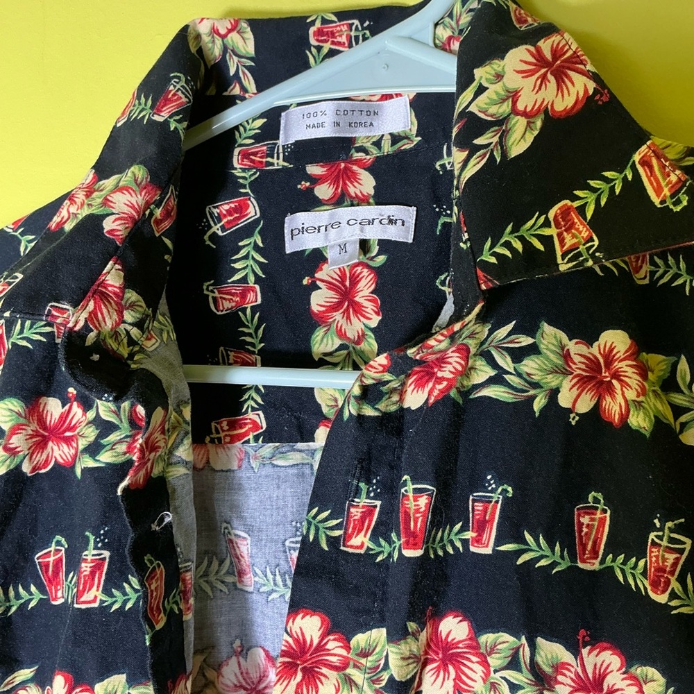Pierre Cardin Black Floral Shirt with Red and Green Accents